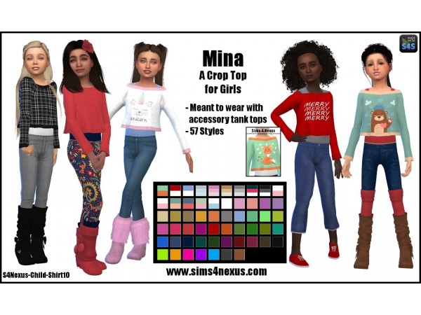 Mina’s Chic Ensemble: Trendy Girls’ Crop Tops by Sims4Nexus (Alpha CC)