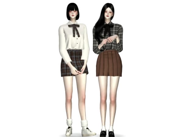 Yun-Seol Elegance: Chic Ribbon Blouse & Pleated Skirt Ensemble