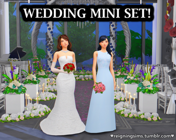 Blissful Brides: Mini Wedding Set by ReigningSims (Elegant Alpha CC Dresses)