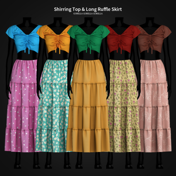 GorillaX3’s Elegance Ensemble (Shirring  Top & Long Ruffle Skirt – Female Clothing Set with Accessories)