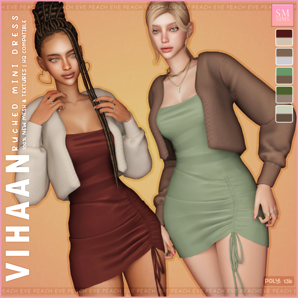 PeachyVihaanRuche (SM Sims Mini Dress –  Alpha CC Female Clothing Set)