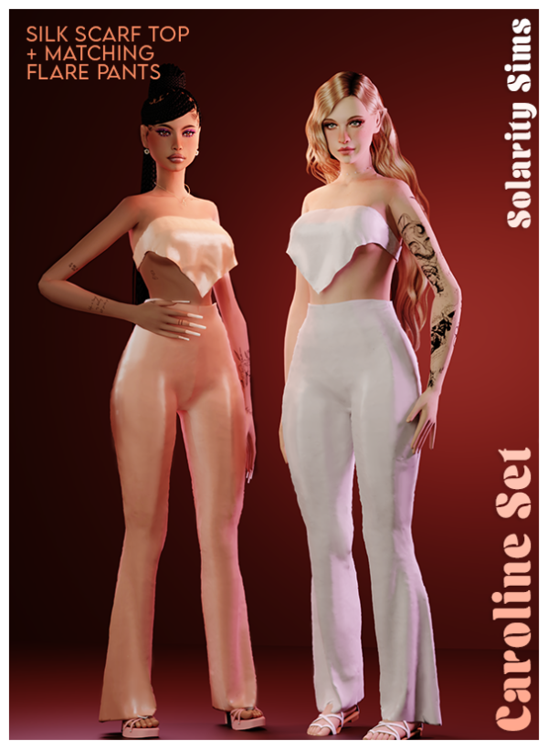 Caroline Ensemble (Silk Scarf Top &  Flare Pants by Solarity Sims – Alpha CC Female Set)