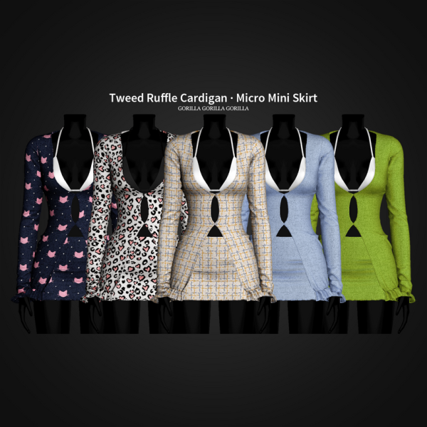 TweedRuffleEnsemble (Cardigan & Micro  Mini Skirt by GorillaX3 – AlphaCC, Female Tops & Skirts)