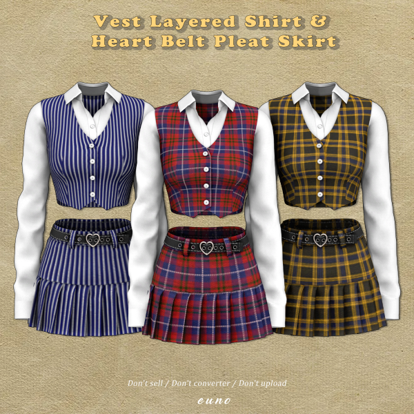 Euno Sims Elegance: Chic Layered Vest & Pleated Skirt Ensemble (Heart Belt Accent)