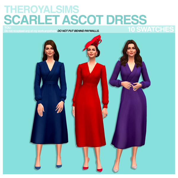 Regal Raiment: Scarlet Ascot Dress by The Royal Sims (Elegant AlphaCC & Makeup)