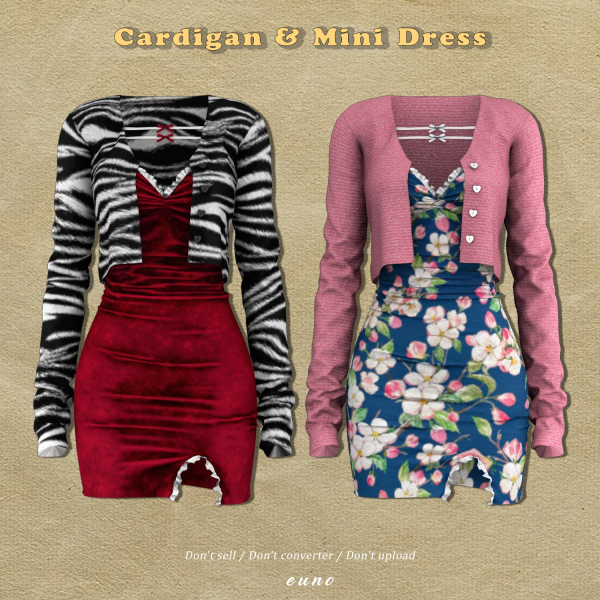 EunoSims Elegance: Chic Heart Button Cardigan & Mini Dress Ensemble