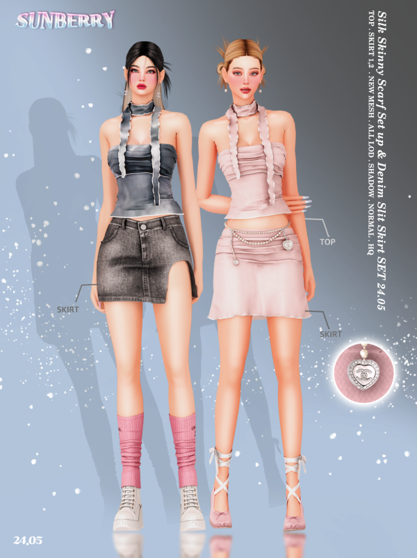 Sunberry Elegance (Silk Skinny Scarf  & Denim Slit Skirt Set, Female Fashion Essentials, AlphaCC)