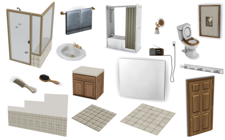 Nostalgia Bathroom (Shower/ Sink/ Counter/ Mirror/ Clutter/ Decor/ Painting/ Lights/ Door/ Floor Tiles/ Bath Tub/ Toilet Bowl) [MM]