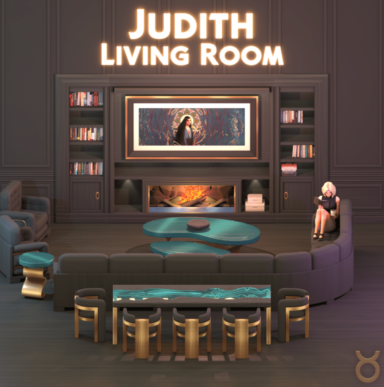 Judith Living Room Set ( Bookcases/ Books/ Floors/ Decor/ Table/ Chairs/ Fireplace/ Television/ Sculpture/ Sofa) [MM]