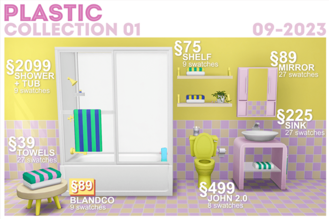 Plastic Collection 01 (Shower/ Tub/ Shelf/ Mirror/ Sink/ Bowl/ Towels/ Wallpapers/ Floor) [MM]