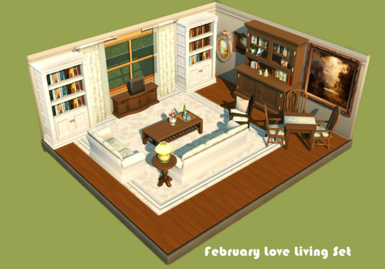 February Love Living Set ( Storage/ Sofa/ Loveseat/ Table/ Chairs/ Wall Decor/ Curtains/ Rug/ Books) [MM]