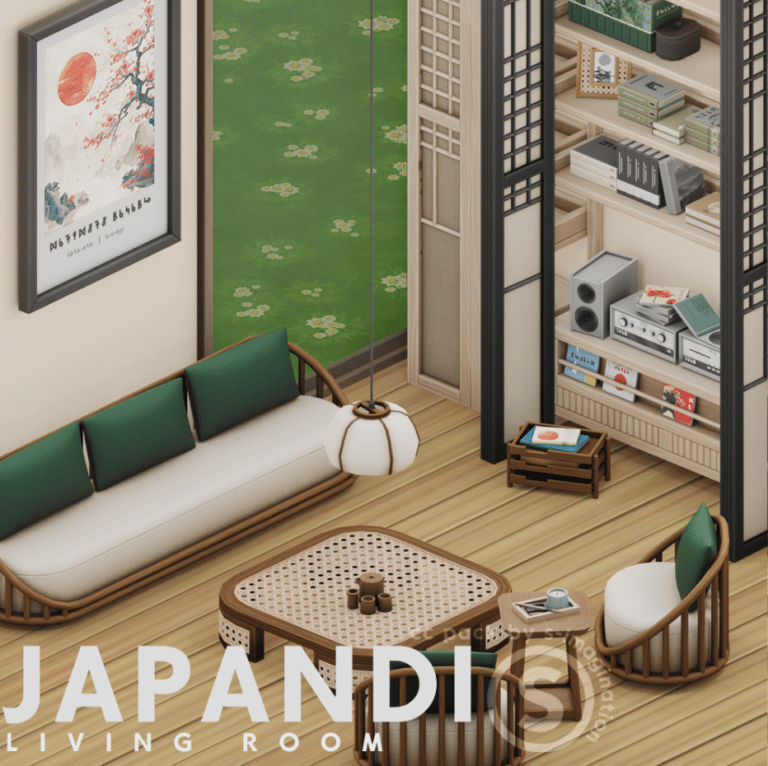 Japandi Living Room ( Sofa/ Loveseat/ Chair/ Table/ Poster/ Shelves/ Doors/ Electronics/ Decor) [MM]