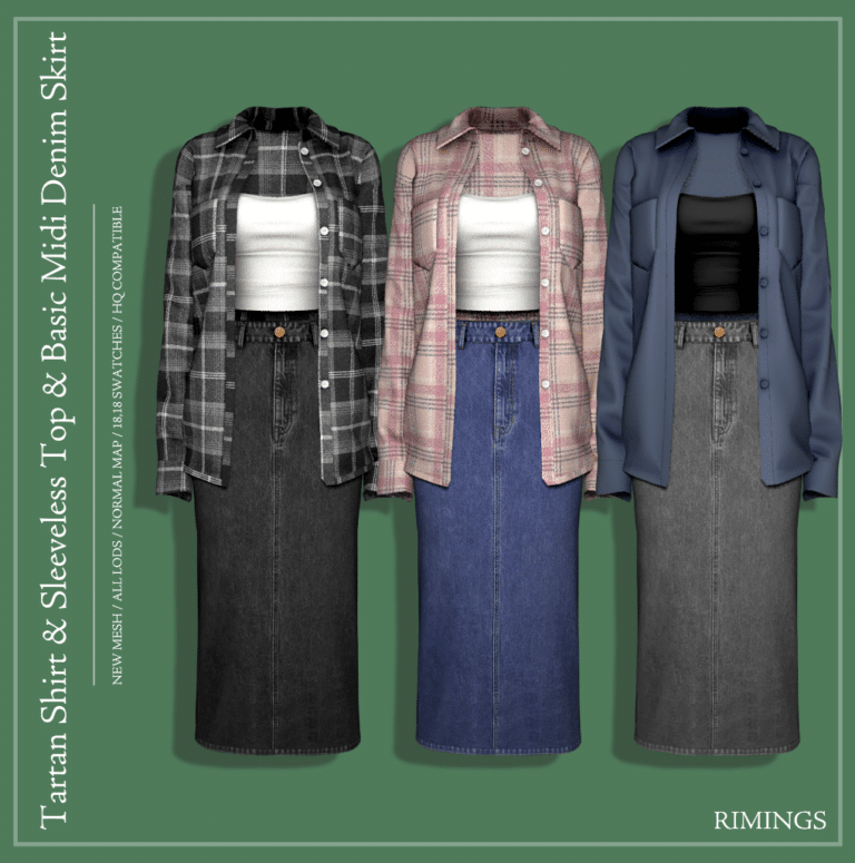 Tartan Shirt & Sleeveless Top & Basic Midi Denim Skirt [Alpha]