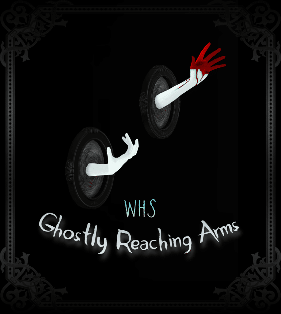 white ghostly arms reaching from a black smoky portal. each hand is twisted in a creepy way and one of them has the fingertips covered in a blood effect.