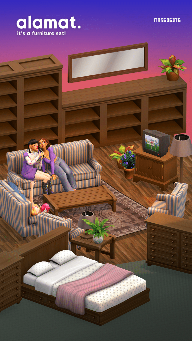 Alamat Set ( Carpet/ Plants/ Lamps/ Dresser/ Side Table/ Sofa/ Television/ Curtains/ Bedframe/ Mattress/ Mirrors/ Rugs/ Bookcases ) [MM]