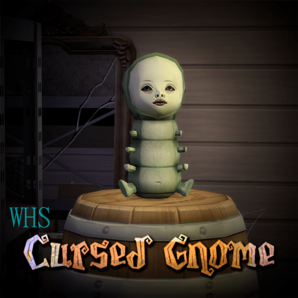 A Cursed Gnome that looks like a ceramic caterpillar with a victorian baby doll face