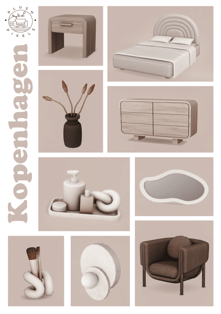 Kopenhagen Bedroom ( End Table/ Bed/ Plant/ Dresser/ Clutter/ Décor/ Mirror/ Chair ) [MM]