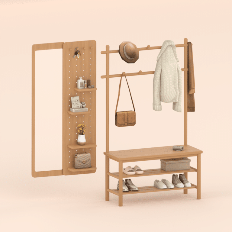 Wooden Shoe Rack and Pegboard Mirror [MM]