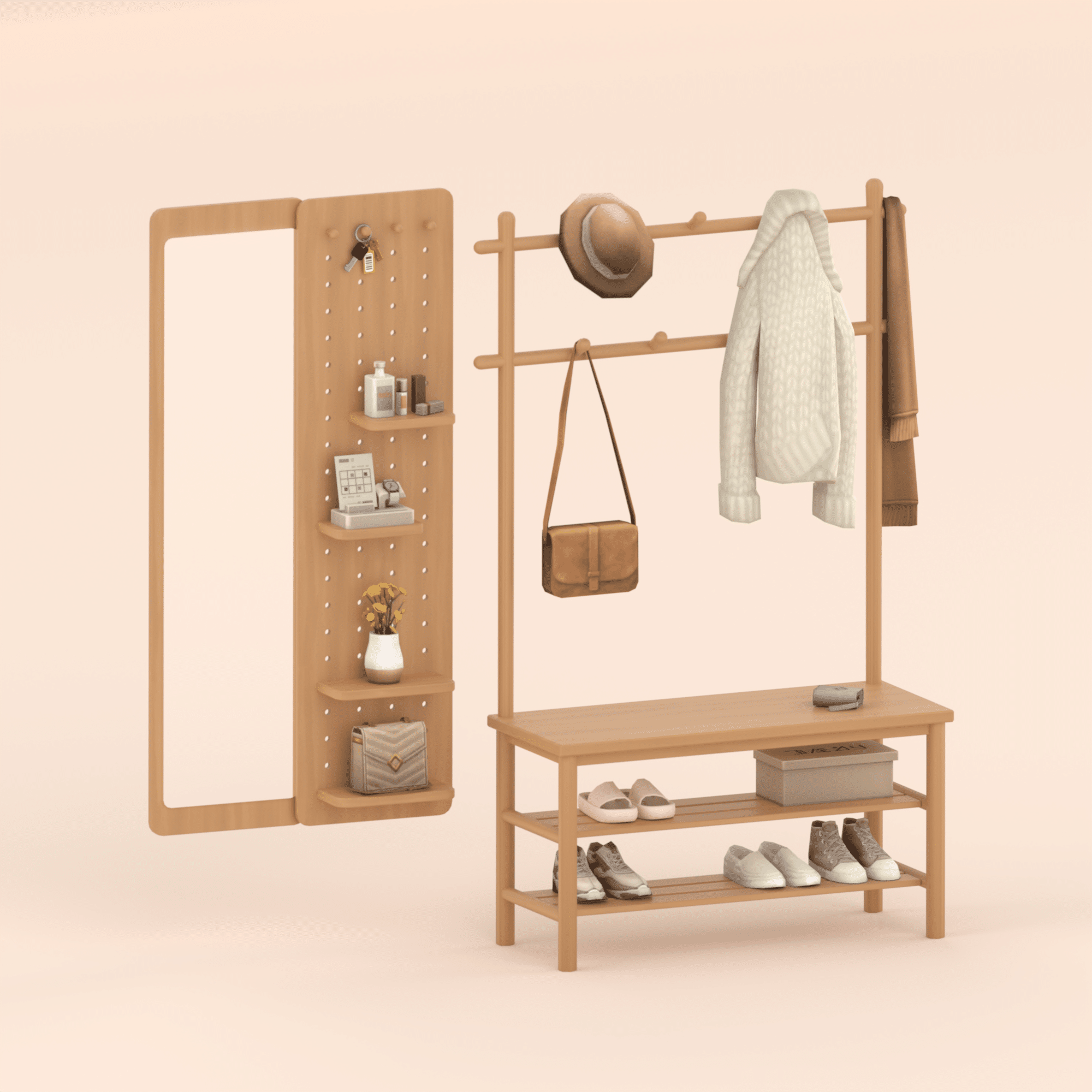 Wooden Shoe Rack Pegboard Mirror by gua