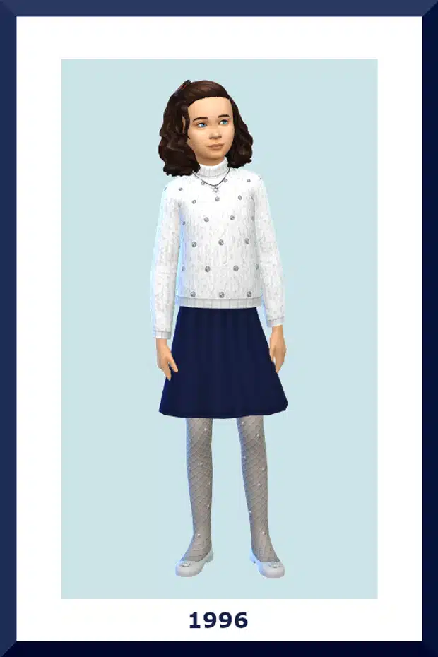 a little girl sim dressed in a hanukkuh outfit which consists of a white sweater with grey spots, a navy circle skirt, and white tights with a fishnet and pearl pattern to them