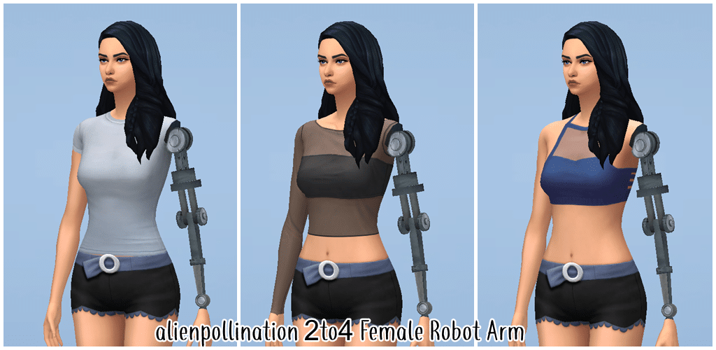 An adult female sim in various outfits. Her left arm is replaced with a robotic limb.