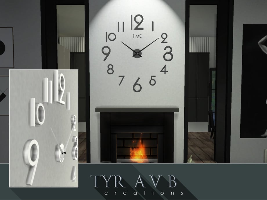 a modern burning fireplace with a large clock about it. The clock consists of 3-dimentional numbers hanging directly on the wall with center-mounted hands.