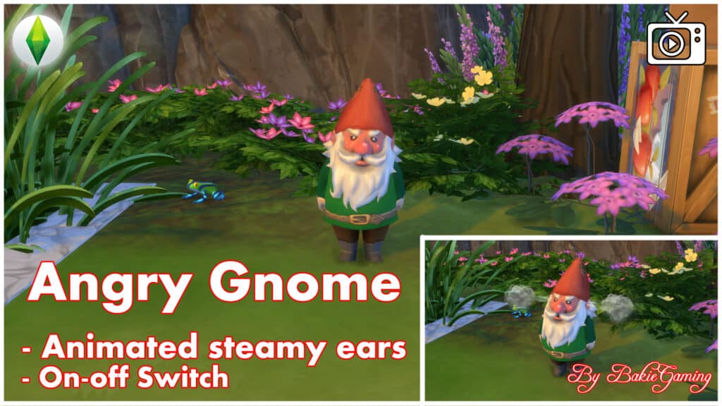 A garden with a grumpy looking gnome with a red face. In the bottom right of the screen is another image of the gnome with steam coming out of his ears.