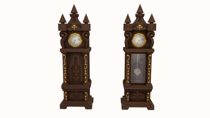 The Vampires version of the Endless Timepiece standing clock next to an updated version, which has had a pendulum and protective glass door added to the lower half.