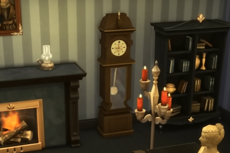 An image of the living area in The Sims 4's Ophelia Villa residence, with the grandfather clock's pendulum mid-swing.