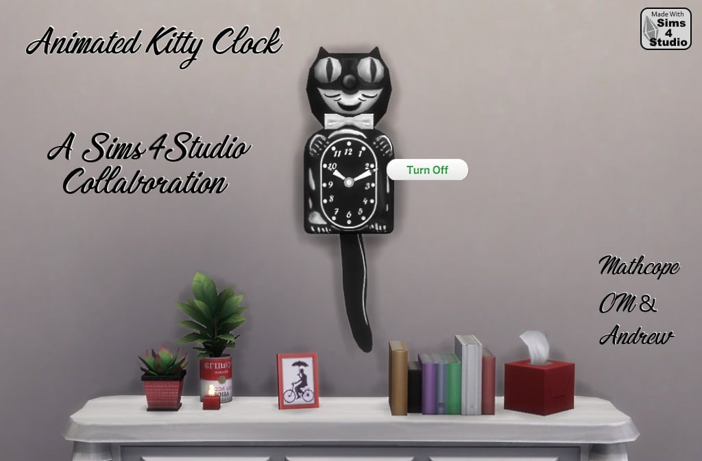 The famous "Kit Cat Klock" converted for The Sims 4, it's mounted to a wall above a table with small assorted knickknacks on it.