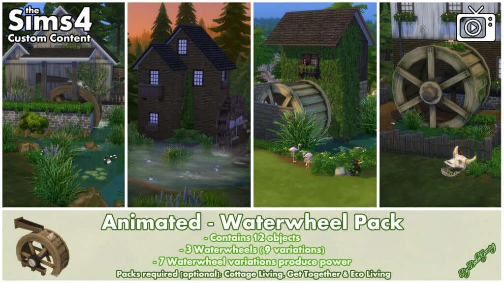 Images of four different buildings composed of wood and stone, each with decorative waterwheels of varying shapes & sizes.