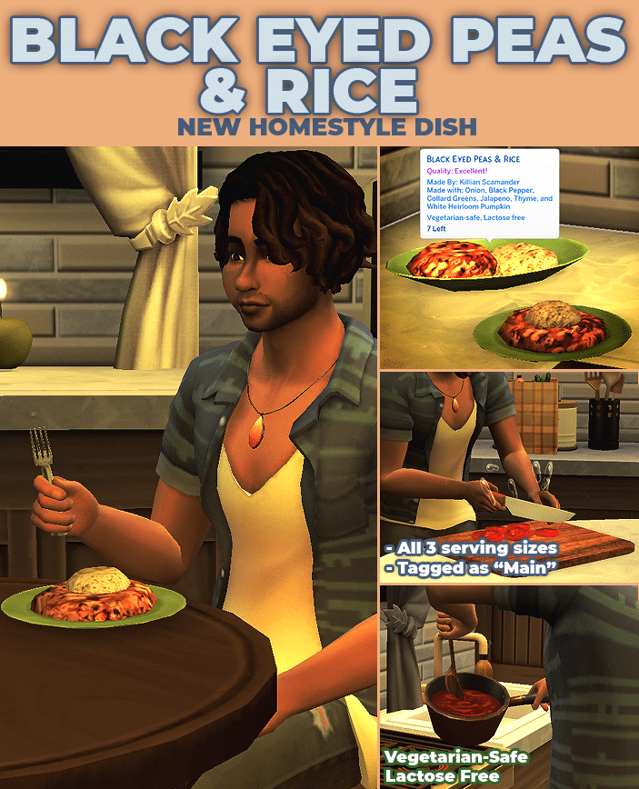 A sim eating a plate of Black Eyed Peas & Rice