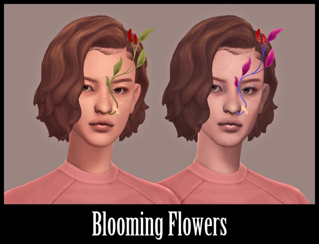 a female sim with medium length brown hair. a small flowering plant is growing out of their left nostril, anchored in place with a bandage that holds the stem steady against her cheek.