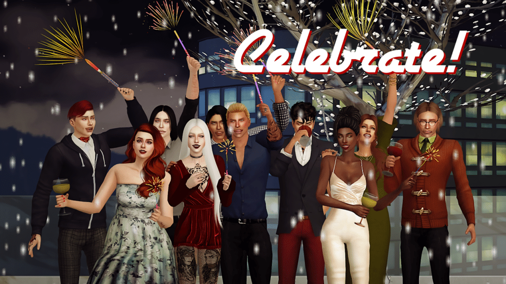 A crowd of 10 sims cheering on the new year. Some are holding or drinking wine, some are holding lit sparklers, and some are holding slightly larger handheld fireworks.