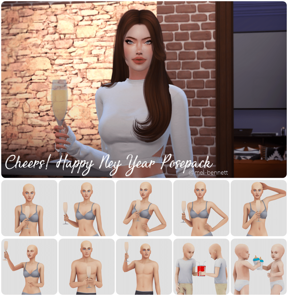 An assortment of poses for celebrating new years: 6 single poses of an adult sim holding champagne in a toast with various hand positions and facial expressions. There is also a pose of two children toasting with cans of soda and two toddlers toasting with bottles.