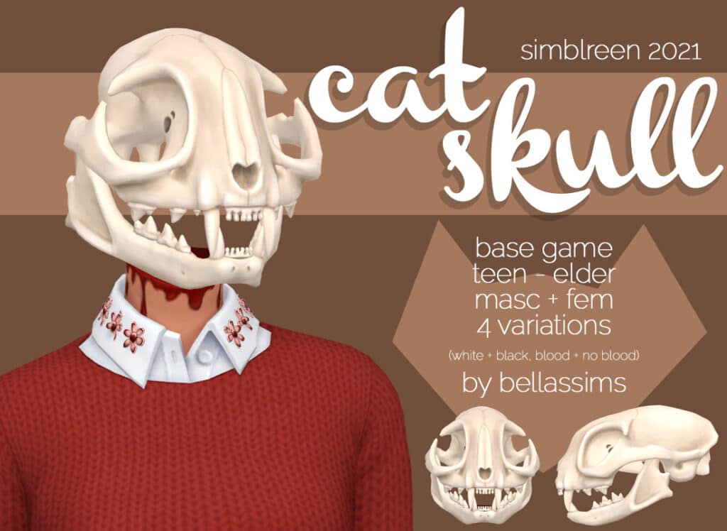 A sim in a red sweater and floral collared blouse, their head replaced by a large cat-shaped skull.