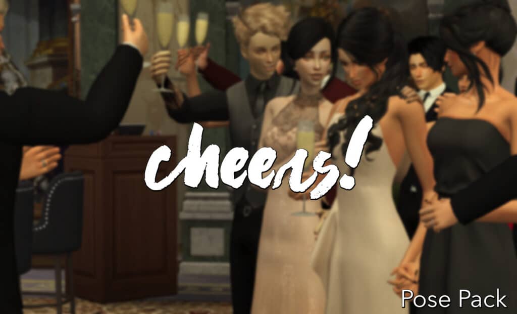 A blurry image of 5 sims stood together. 2 of the sims are holding glasses of champagne.