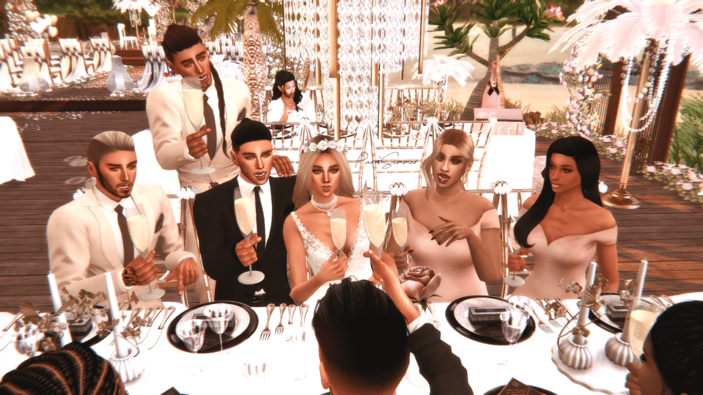 A wedding party of 11 sims gathered to toast. 10 of the sims are sat at a banquet table and one sims is stood behind the seated newlywed couple.