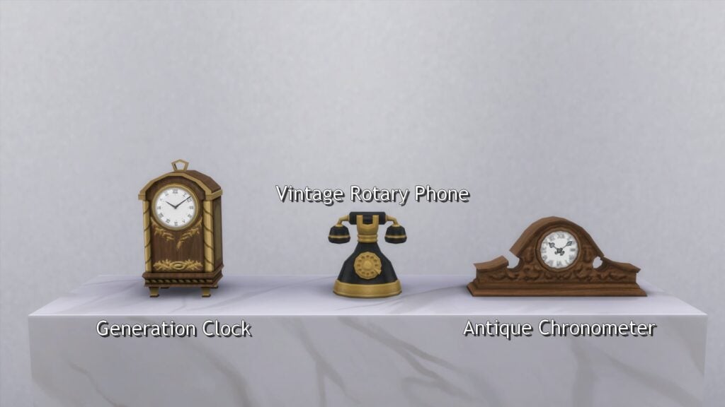 The Generation Clock, Vintage Rotary Phone, and Antique Chronometer from The Sims 3 converted for The Sims 4