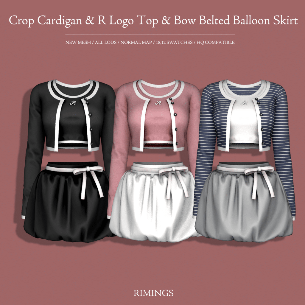 Crop Cardigan & R Logo Top & Bow Belted Balloon Skirt by RIMINGS