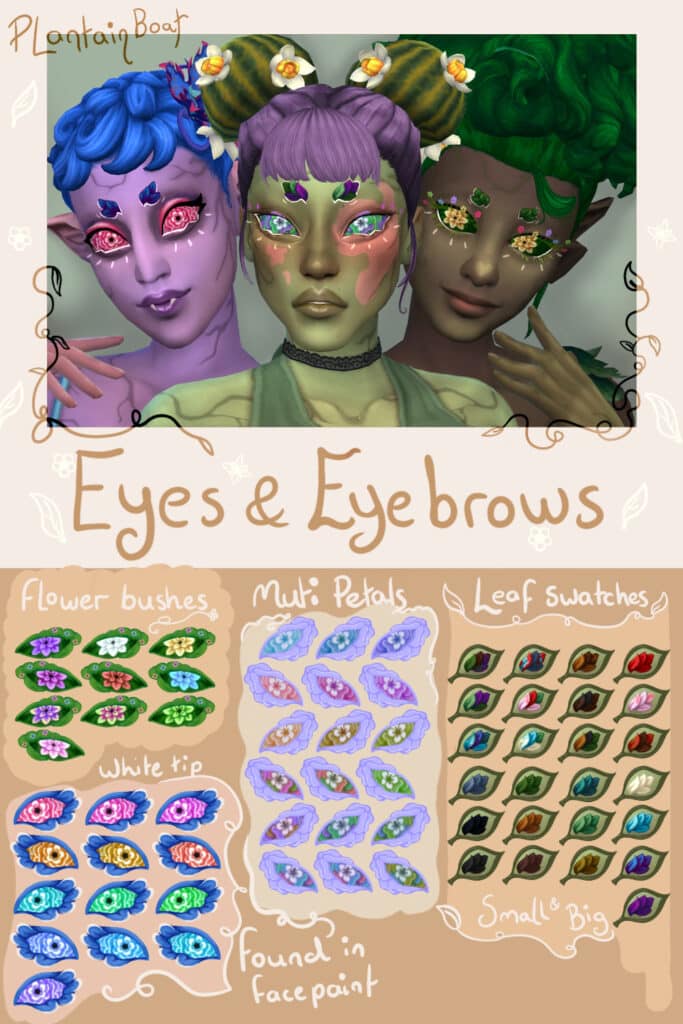 Colorful sims with eyes whose pupils/irises are shaped like flowers with eyebrows shaped like small leaves.