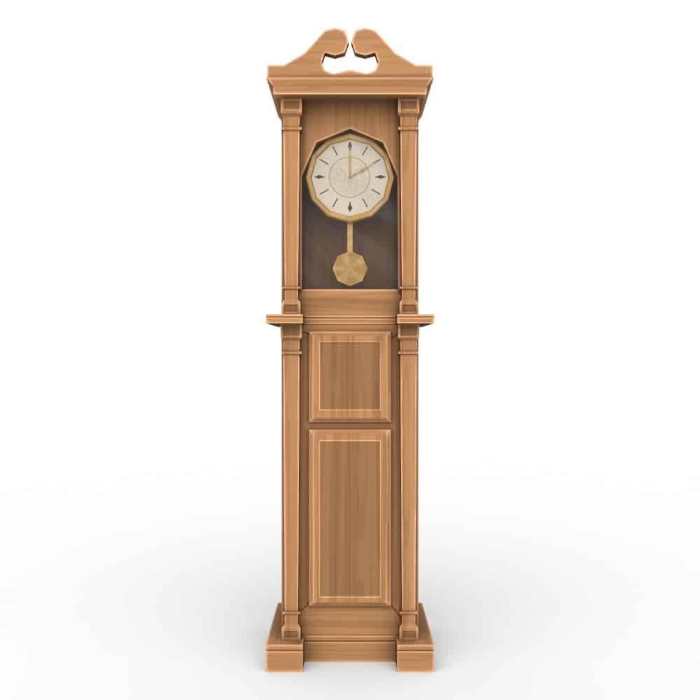 A tall rectangular grandfather clock with carved accents and wooden panels.