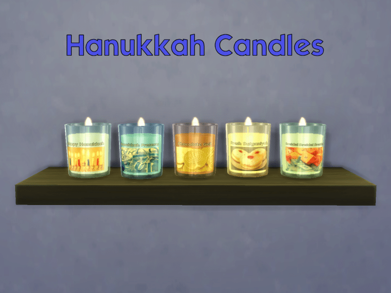 5 candles in a row on a shelf. Each candle jar has a label with the name of the scent on it, all of which are named with a Hanukkah theme.