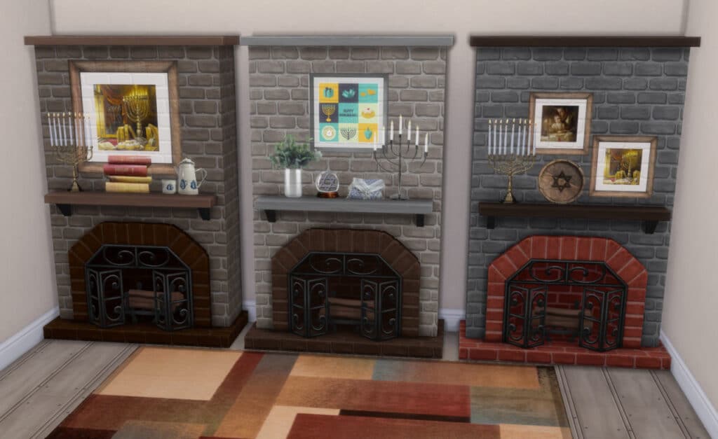 three fireplaces with an assortment of hanukkah imagery, such as artwork, themed wreaths, and the menorah