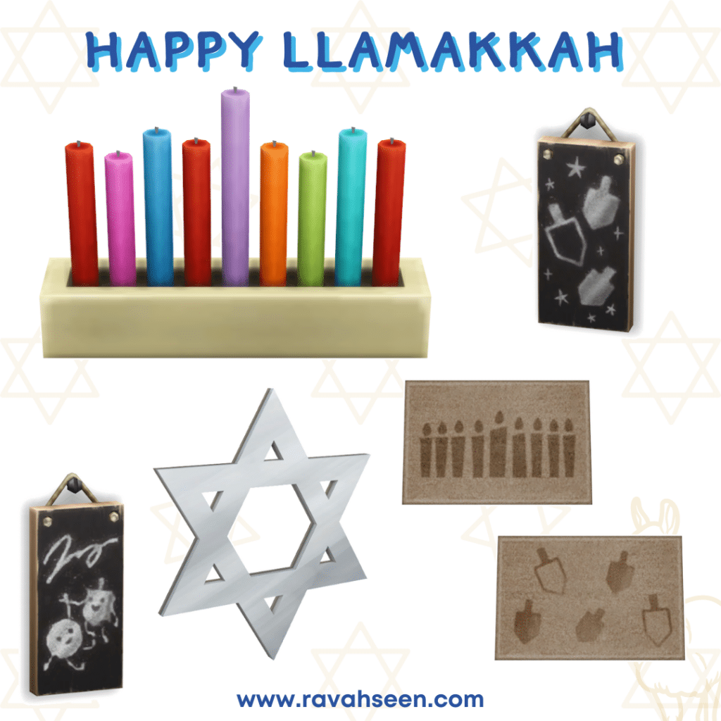 items from the Happy Llamakkah set: a menorah with colorful candles, silver star of David hanging, wall hangings with dreidel designs on them, and a welcome mat with a dreidel pattern and a Hannukah candle design.