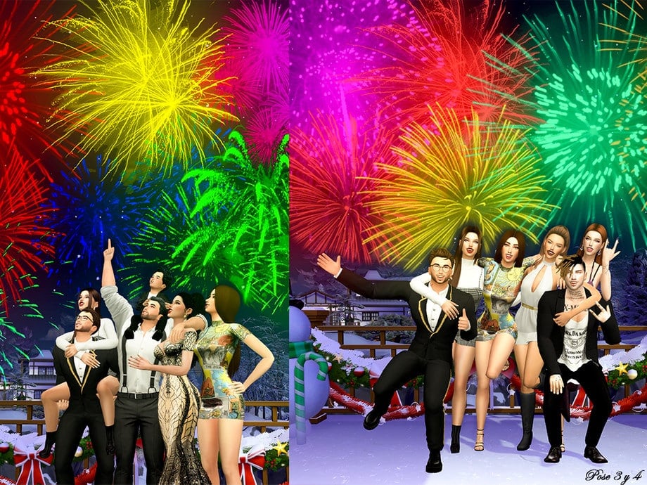 Two different shots of a crowd out in the snow under new year's fireworks. In one pose there are four adults standing, one adult "riding piggyback" on a standing sim, and one toddler an a standing sim's shoulders. They're all looking up at the sky and pointing at the fireworks. The other has 6 adults all grouped together and smiling at the camera.