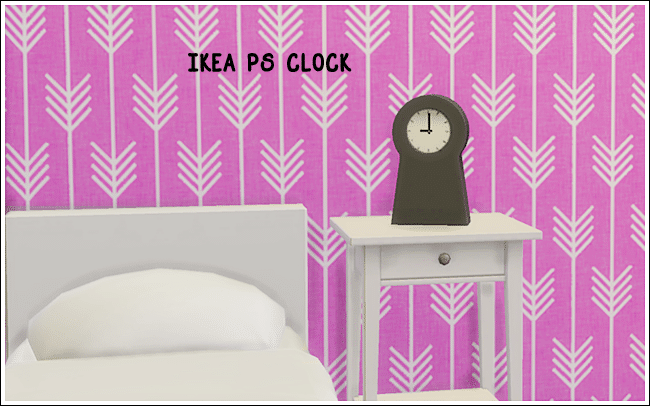 a bedroom with pink wallpaper adorned with a white arrow-like pattern. There's a single bed with white bedding and a white night stand where a black sim version of the Ikea PS Clock sits.