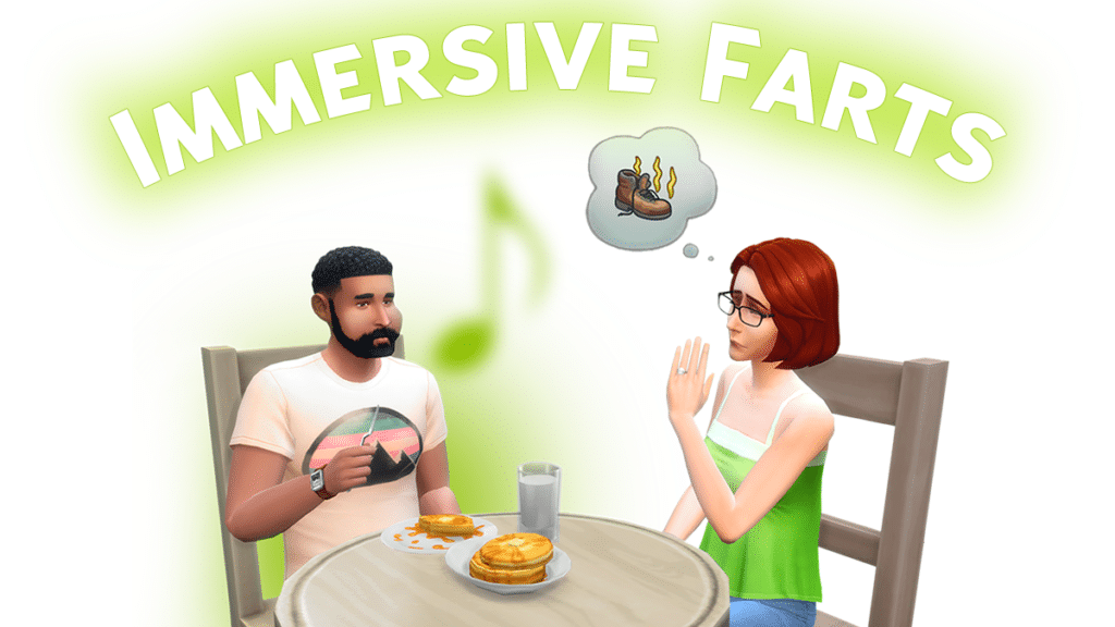 Bob and Eliza Pancakes sat at a dining table. Bob is eating pancakes and appears to have passed gas and Eliza's face indicates that she's not enjoying it.