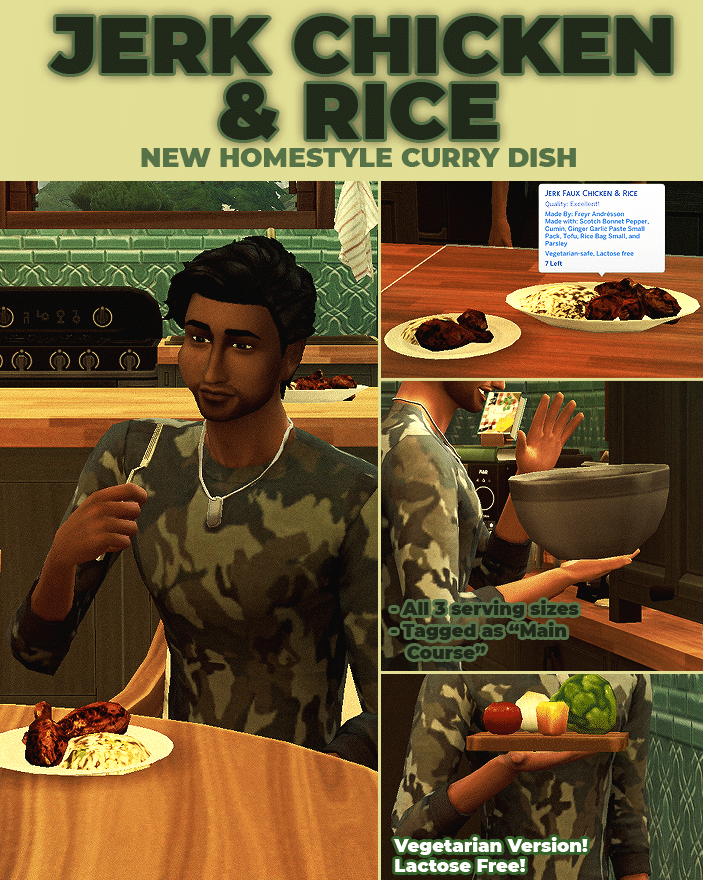 a sim eating a plate of jerk chicken with rice