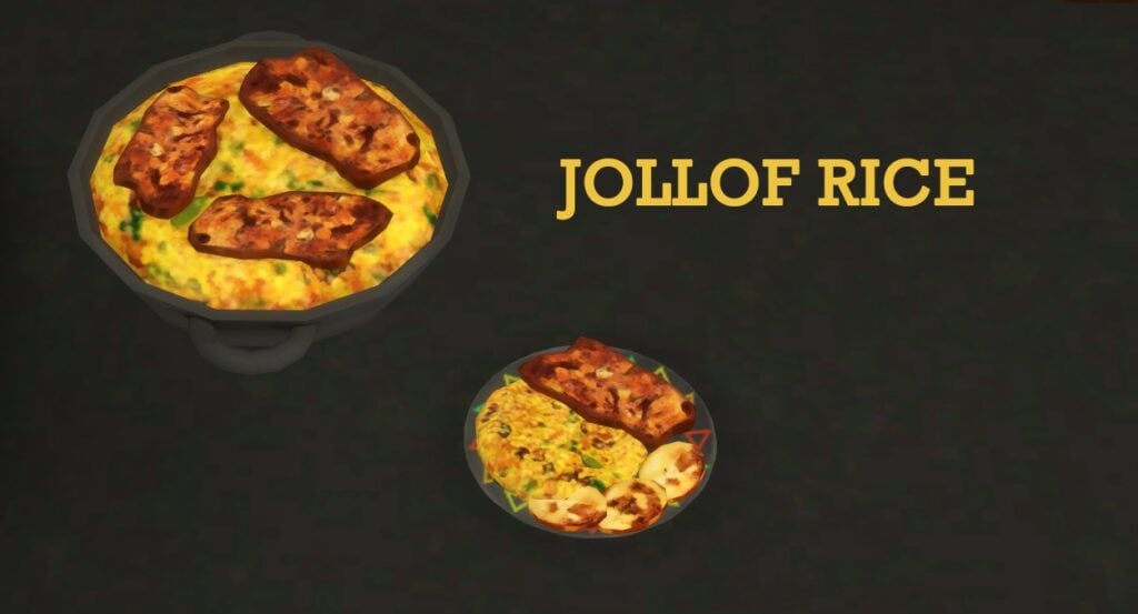 a dish of jollof rice topped with chicken pieces.